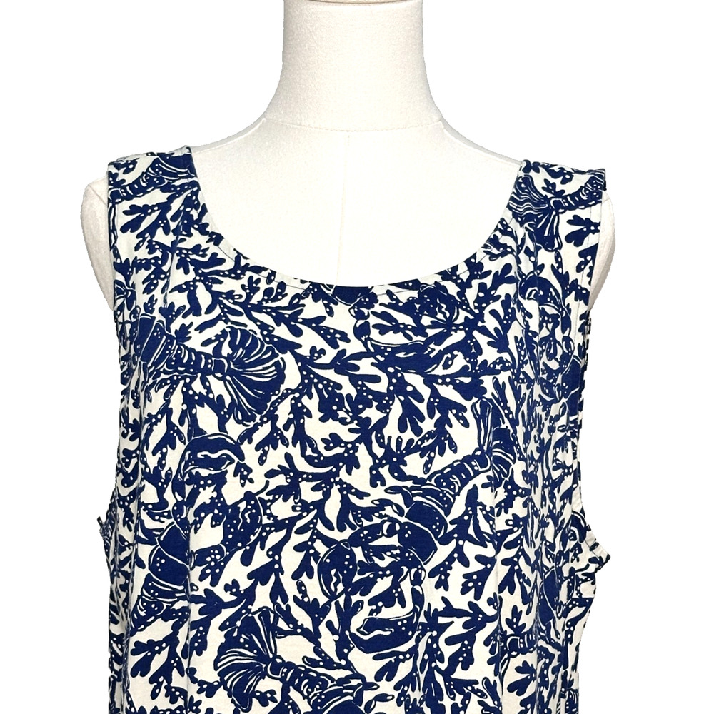 Lilly Pulitzer Blue White Pima Cotton Lobster Print Flounce Dress XXL Pockets - Picture 2 of 8